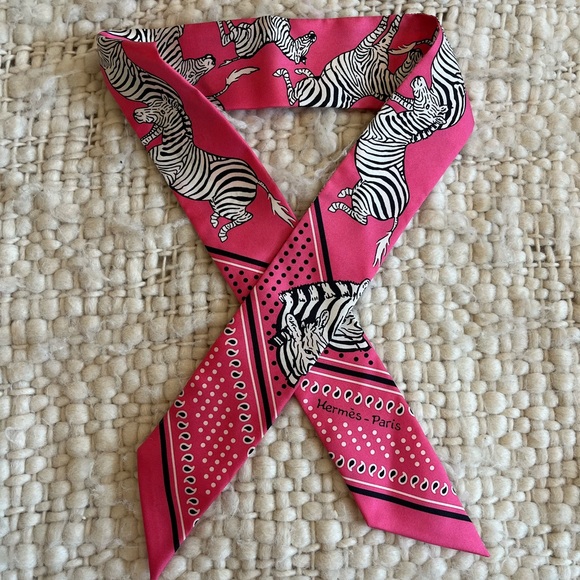 Hermes Accessories - Hermès Pink Zebra “Les Zebres” Print Silk Twilly Scarf